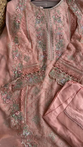 Pakistani Original Bin Saeed Luxury Chiffon stitched 3 Pcs _ Peachy Pink 